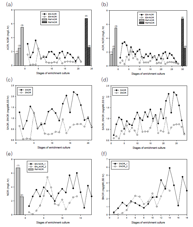 농화 배양 결과. (a) 1번 반응기 AOB 농화배양의 AOR 및 NOR, (b) 2번 반응기 AOB 농화 배양의 AOR 및 NOR, (c ) 1번 반응기 AOB 농화배양의 SAOR 및 SNOR, (d) 2번 반응기 AOB 농화배양의 SAOR 및 SNOR, (e) 1번과 2번 NOB 농화배양의 NOR, (f) 1번과 2번 반응기 NOB 농화배양의 SNOR. 그림 상의 막대그레프[(1)~(5)]는 *참고문헌 (1) Alireaz et al., (2017), (2) Haddaadi et al., (2013), (3) Kuntke et al., (2012), (4) Dytczak et al., (2018), (5) Karya et al., (2013)에서 구하였음