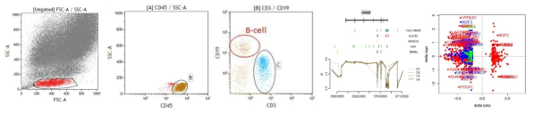 Sequential gating 법을 통한 계통 (lineage) 별 세포 분리 및 DNA methylome 분석으로 발굴한 계통 특이적 CpG (B-세포 예시)