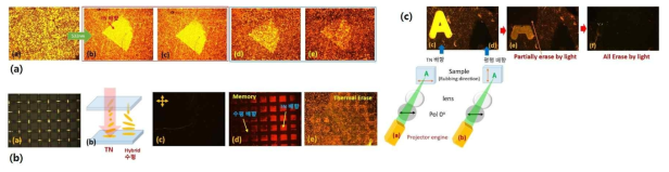 (a)(a) 한쪽은 ITO, 다른 기판은 PI 러빙한 셀에 MR 을 첨가한 네마틱 액정. (a) 레이저를 조사하기 전 (b) 파장 532nm 의 빛을 20분 동안 조사하면, 조사한 부분은 액정이 TN 배향됨. (c) 1일 후 배향이 memory 된 상태 (d) 100oC 8분 동안 열처리하여 erase (e) 100oC 25분 동안 열처리하여 erase (b) PI-레시틴 셀. (a) mask (b) 빛을 조사한 곳(TN)과 아닌 곳의 액정의 배향 구조 (c)빛을 조사하기 전 (d) mask를 통해 파장 532 nm 의 빛을 20분 동안 조사 후 LC texture memory (e) 100oC 20분 열처리로 메모리를 지운것 (c) projector engine을 이용하여 컴퓨터화면의 이미지 저장과 erase. 러빙방향과 (a)(c)같은방향 빛 조사 (b)(d) 수직방향으로 조사 (e) 빛을 이용한 부분적인 erase (f) 빛을 이용한 전체 erase