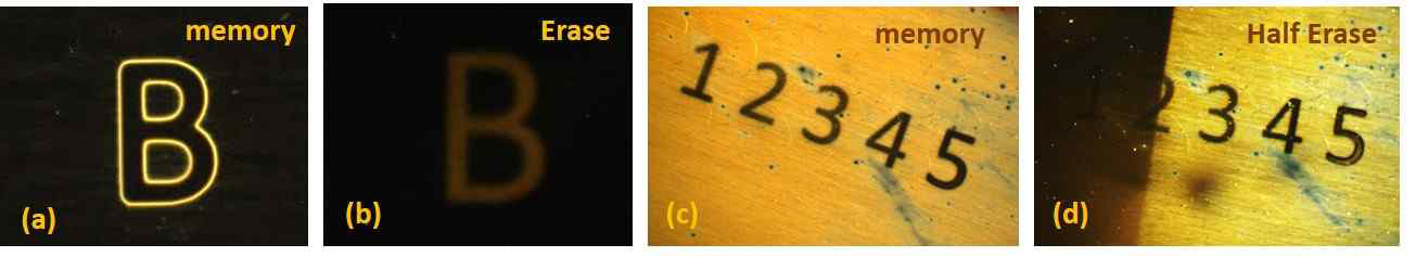 배향막 P 로 만든 액정셀에 projector engine(파장 405nm)을 이용하여 컴퓨터 상의 이미지를 (a)(c) 저장하고 (b) (d) 지움. (d) 는 저장한 글자의 일부만 지움