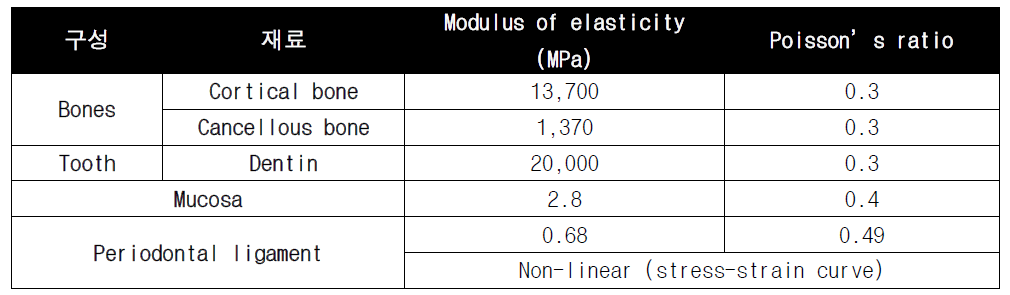 상악골 및 하악골의 유한요소모델 물성치