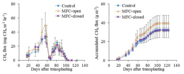MFC 설치 논에서 메탄 방출량 변화