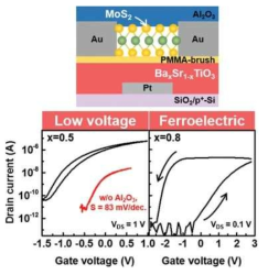 (a) PMMA-brush유기물과 (Ba/Sr)TiO3 박막을 활용한 초저전압 MoS2 transistor 및 메모리 소자의 구현