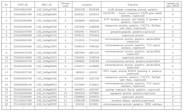I-PS 계통에 존재하는 SNPs 중, IRGSP v1.0에 annotation 되는 유전자 목록 (일부)