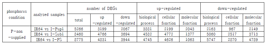 P-non-supplied 조건에서 계통별 DEGs count