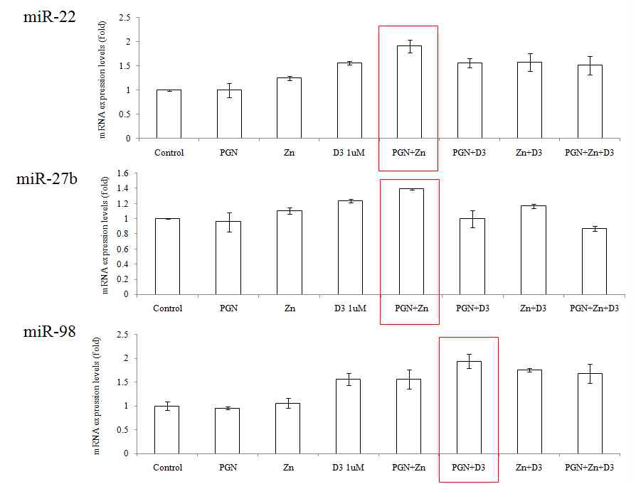 PGN, Zn, Vitamin D3의 처리에 의한 miR-22, -27b, -98의 발현양상