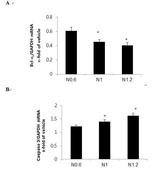 Gene expression levels of Bcl-xL(A) and caspase3 (B) in mouse embryos exposed to 0.6, 1, and 1.2 mM nicotine of at embryonic day 8.5 for 2 days in vitro. Results are mean ± SEM (n=8). Significant differences among each were examined at p < 0.05 (*) GAPDH was used as an internal standard to normalize target transcript expression