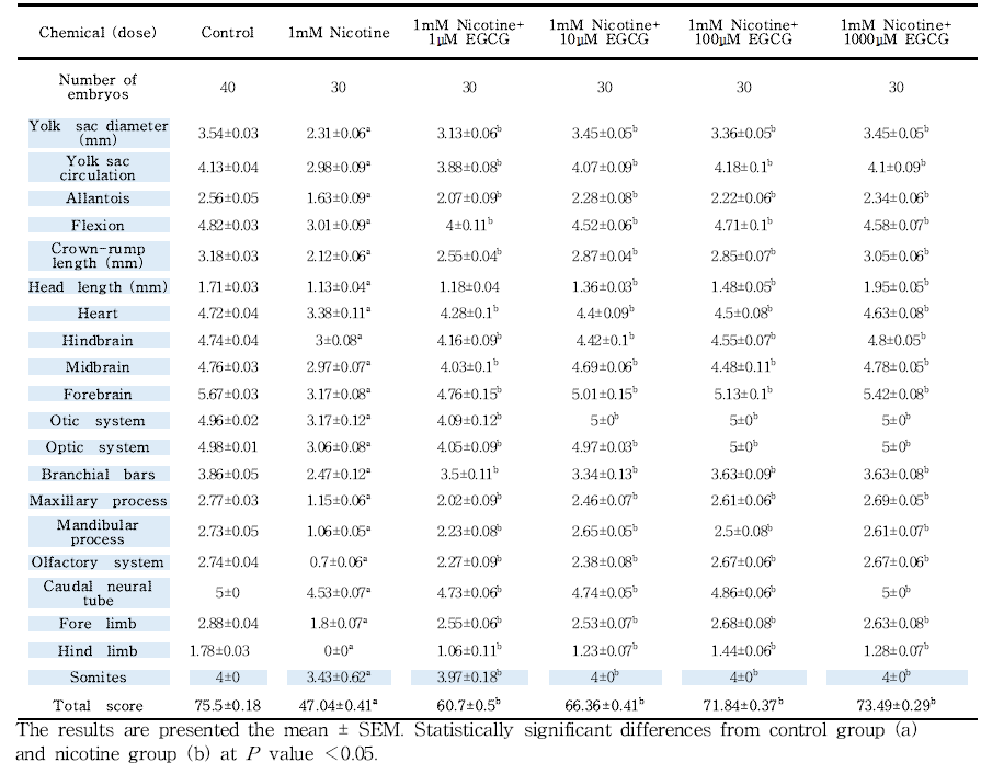 Morphological evaluation according to items of mouse embryos exposed to nicotine and EGCG