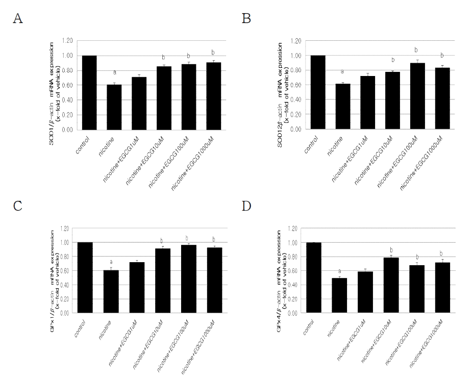 Relative mRNA expressions of SOD1 (A), SOD2 (B), GPx1 (C) and GPx4 (D) in E8.5 mouse embryos exposed to nicotine and EGCG for 2 days in vitro. The results are presented the mean ± SEM (n=8). β-actin was used as an internal standard to normalize target transcript expression. Statistically significant differences from control group (a) and nicotine group (b) at P value ＜0.05