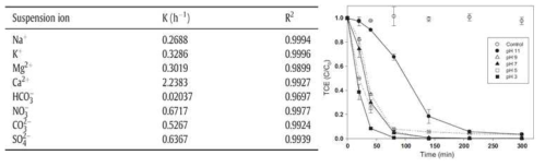 이온성 물질들이 반응속도에 미치는 영향(Journal of Environmental Management, 2015) 및 pH가 분해반응에 미치는 영향(Journal of Hazardous Materials, 2011)