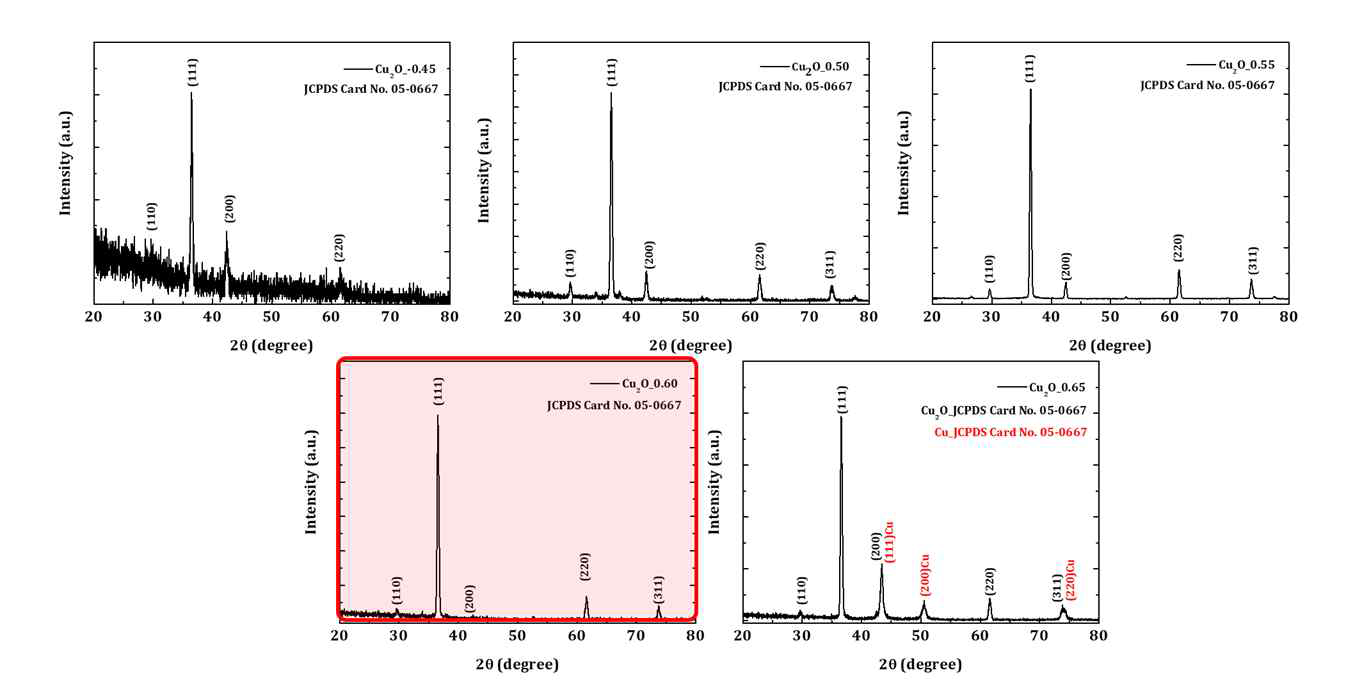 인가전압에 따라 성장된 Cu2O의 XRD 결과