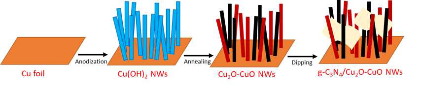 g-C3N4/Cu2O NWs 전극 제작 모식도; 10 mA/cm2 정전류하에서 Anodization, 600℃, 4시간 Annealing, 80℃ 하 4시간 g-C3N4 용액에서 sample dipping.