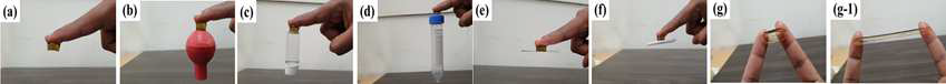 다양한 substrate 에 제조된 하이드로겔의 접착능력 (a) skin, (b) rubber tube, (c) glass vial, (d) plastic, (e) stainless steel, (f) PTFE (g, g-1) adhesion to skin under stretching