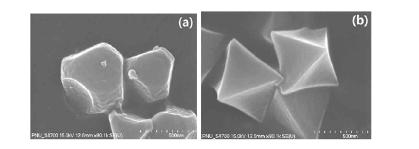 FE-SEM images of (a) MOF-801(D) and (b) MOF-801(P).