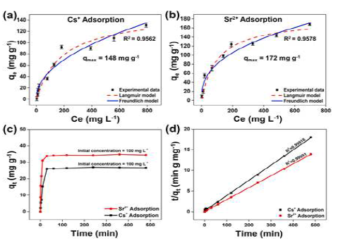 Ti3C2Tx/POSS-NH2에 의한 (a) Cs+ 및 (b) Sr2+의 흡착에 대 한 Langmuir 및 Freundlich 등온선. (c) 흡착 동역학, (d) Ti3C2Tx/POSS-NH2에 의한 Cs+ 및 Sr2+ 흡착의 유사 2차 동역학 모델.