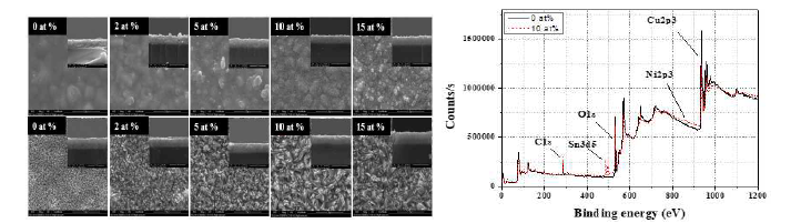 Ni 도핑 농도에 따른 Ni-doped CuO 광전극의 SEM 이미지와 CuO의 XPS 데이터