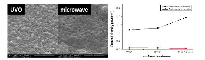 FTO 기판에 UVO, 마이크로웨이브 표면처리 후 성장시킨 CuO 광전극의 SEM, 광전류 밀도 데이터