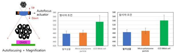 명시야 조건(왼쪽) 및 암시야 조건(오른쪽)에서의 Autofocusing time 측정 결과