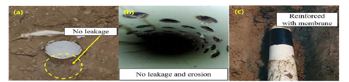 Seepage characteristic in reinforced conduit (case 4). (a) No leakage, (b) inside the conduit, (c) reinforced with geomembrane.