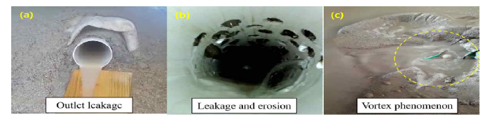 Seepage characteristic in non-reinforced conduit (case 5). (a) Outlet leakage, (b) inside leakage (upstream crack), (c) vortex phenomenon (upstream).