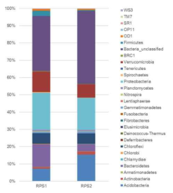 97% 유사도(종 수준)를 기준으로 한 세균 문(門, phylum) 수준의 상대적 염기서열 풍부도