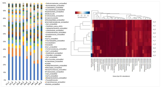 속(genus) 수준에서의 세균 분포(총 712속 중상위 40속). 분류군의 구성비를 나타낸 heatmap과, 각 시료 및 분류군(taxon)의 상호 연관성을 Bray-Curtis dissimilarity 계산에 의해 나타낸 dendrogram