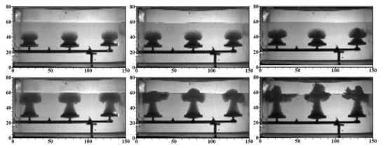 Typical blower-diffuser aeration images with rpm (900, 1300 and 1700 rpm) and aeration time (0.5 and 1.0s)