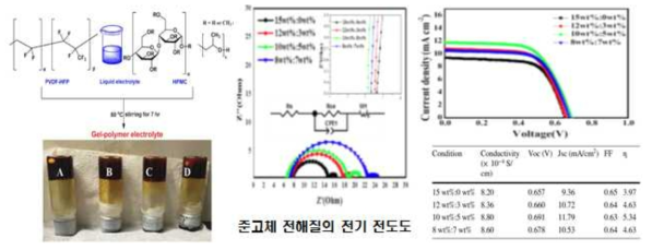 본 과제에서 적용한 준고체 전해질의 분자구조 및 준고체 염료감응태양전지의 광전변환 효율