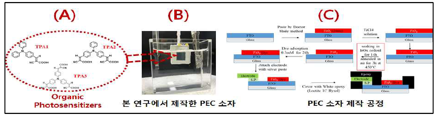 PEC 소자에 적용한 유기소재 분자구조 (A), 제작한 PEC 소자 (B), 및 PEC 소자 제작공정도