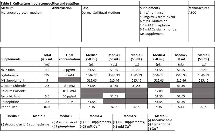 다양한 멜라닌세포 배양조건 변화 ATCC에서 제공하는 배양액을 기준으로 각종 supplement의 첨가 조합을 만들어 배양을 해보았음