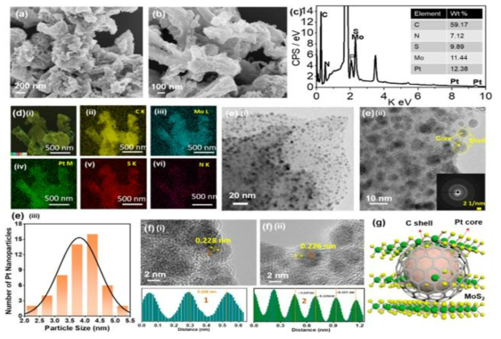 (a-b), (c) EDX 스펙트럼 및 (d) Pt-C 코어 쉘 @h-MoS2/GNF, Pt-의 HR-TEM 이미지 (e-f)의 FE-SEM 원소 색상 매핑의 FE-SEM 이미지 C 코어 쉘 @h-MoS2/GNF. (g) Pt-C 코어쉘 @h-MoS2/GNF의 개략도 이미지