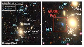 DECaLS image of the NGC 7194 group. North is to the top and east is to the left. White dotted circles are the members of the group (G1 - G5). Cyan circles are blue clumps (B1 - B8). The long arrow is drawn parallel with the long diffuse and blue stream, and the small arrows mark diffuse blue branches in the south-western outskirts of the NGC 7194 (see also right panel)