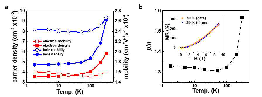 (a) 전자와 홀의 전하 밀도(왼쪽 Y축)와 이동도(오른쪽 Y축), (b) 홀 밀도와 전자 밀도 비율의 온도에 따른 변화. (b)의 inset은 300 K에서 실험 데이터와 식 (4)를 이용해 이론적으로 구한 데이터를 보여준다