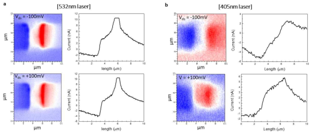 (a) 532 nm와 (b) 405 nm 파장 레이저를 사용한 광전류 맵핑 이미지와 line scan 전류 데이터