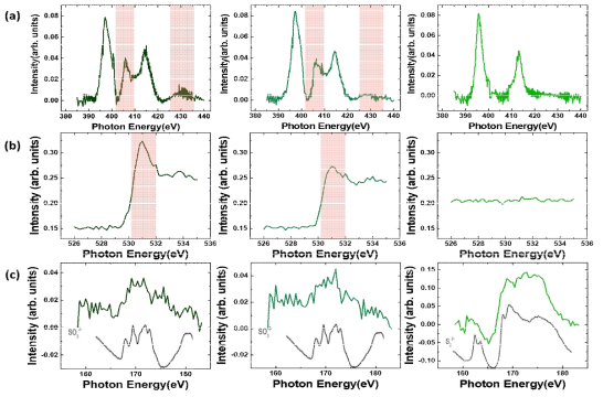 (a) Mo edge 영역 (b) O edge 영역 (c) S edge 영역에 대한 STXM 측정에서 left circularly polarized x-ray (LCP)와 right circularly polarized x-ray(RCP)로 측정한 결과를 합산한 스펙트럼. (왼쪽부터 순서대로 10 V, 3 V로 산화시킨 MoS2와 산화되지 않은 MoS2에 대한 결과)