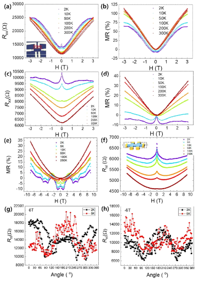 CVD 그래핀 소자의 외부 자기장과 온도에 따른 (a) Rxx 및 (b) magnetoresistance(MR) 변화와 그래핀/그래핀 산화물 (60 s) 접합 소자에서의 (c) Rxx 및 (d) MR 변화 그래프, 자기장에 따른 그래핀/그래핀 산화물(45 s) 접합 소자의 (e) MR 변화 및 (f) non-local 저항(Rnl) 그래프. (g) 6 T, (h) -6 T의 외부 자기장이 그래핀 평면의 법선과 이루는 각도(θ) 변화에 따른 저온에서 그래핀/ 그래핀 산화물(60 s) 접합 소자의 Rnl의 변화