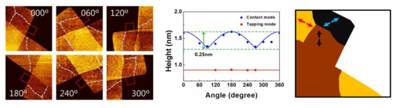 (좌) 0도부터 300도까지의 표면 형상 이미지와 (중) contact 모드와 tapping 모드에서의 두께 측정 자료. (우) 마찰력 domain을 통한 잔주름 방향의 결정