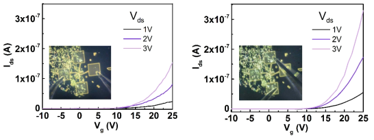 ReSe2 전계효과 트랜지스터의 전기적 비등방성을 나타내는 그래프. Vds가 1 V, 2 V, 3 V일 때 (왼쪽) DC와 수직한 채널 및 (오른쪽) 평행한 채널에 대한 Ids-Vg 그래프