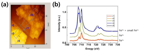 (a) FePS3 플레이크의 각각 다른 두께의 영역을 표시한 AFM image (b)702 eV에서부터 735 eV의 Fe 영역 에너지대에서의 STXM 스펙트럼