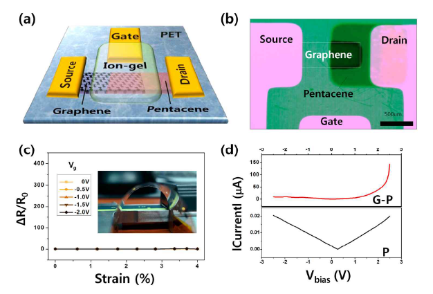 그래핀/유기물 배리스터 소자의 (a) 구조도, (b) 현미경 이미지, (c) strain에 따른 저항 변화 특성, (d) 쇼트키 접합 특성을 보여주는 I-V 그래프