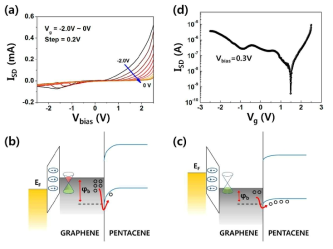 (a) Ids-Vds 그래프, (b) 게이트 전압을 +로 가했을 때 와 (c) -로 가했을 때의 밴드 다이어그램, (d) Ids-Vg 그래프