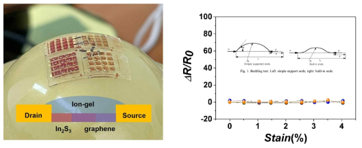 이온겔이 도포된 투명 유연 소자의 (왼쪽) 이미지 및 (오른쪽) strain에 따른 저항 변화