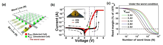(a) cross-point memory array(N=M)의 모식도. (b) Pt/BFO나노점/Nb:STO의 전하 수송 특성. (c) 다양한 읽기 전압에 따른 read margin