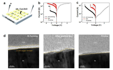(a) 도핑된 ZnO/Pt 구조 모식도. (b) Al-doped ZnO/Pt와 (c) Cu-doped ZnO/Pt의 I-V 특성. (d) 초기상태와 ± 전압으로 forming한 상태에서 Cu-doped ZnO/Pt의 TEM 이미지