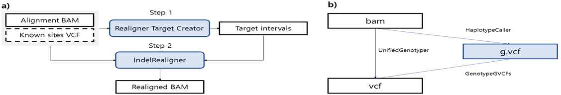 (a) Two step INDEL 정렬 정확도 향상 방법 및 (b) 대용량 샘플(>500) 분석이 가능한 단계적 variants calling 방법의 흐름도