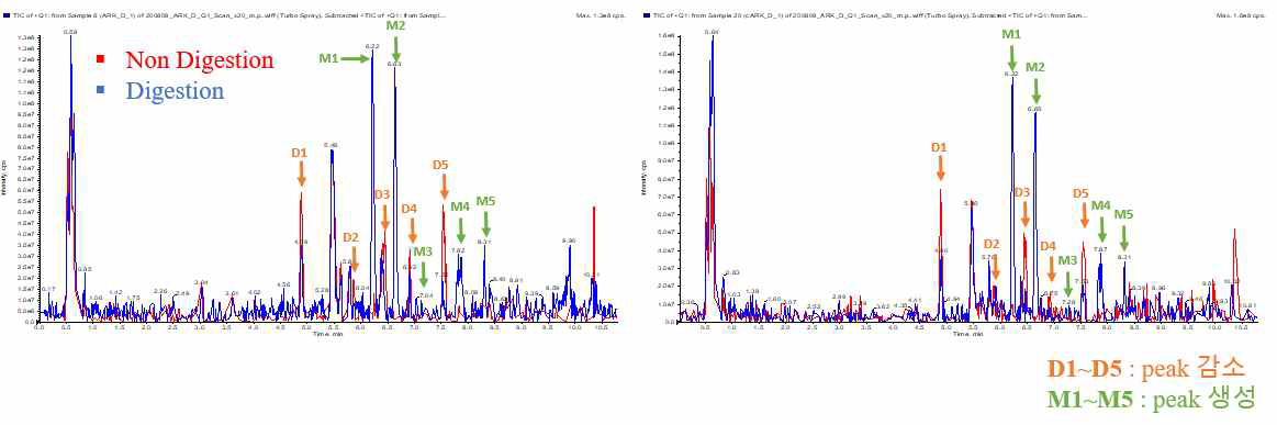 배초향 추출물 체외 소화 전/후 샘플의 UPLC-MS 분석 결과 ( 좌 – 세트 1, 우 – 세트 2 )