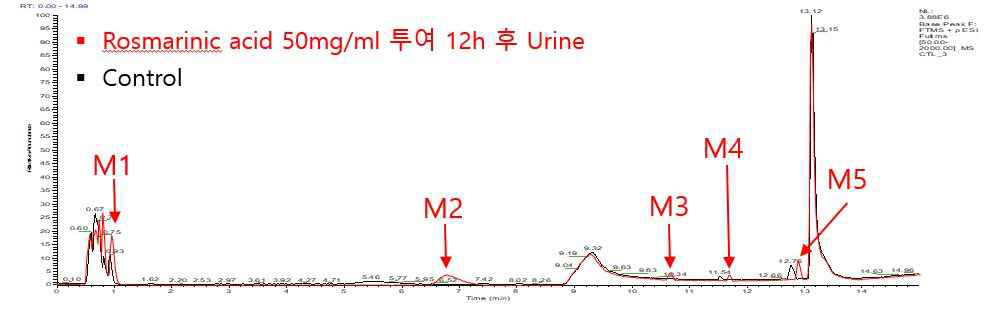 Rosmarinic acid (50mg/kg) 투여 후 12시간 후에 채취한 Rat Urine 샘플의 UPLC-Orbitrap-MS 분석 결과 크로마토그램