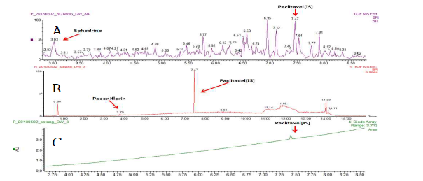 물로 추출한 소청룡탕의 MS, UV chromatogram (A; MS positive mode, B; MS negative mode, C; UV).