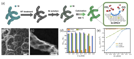 (a) Ni SACs 합성 모식도 (b, c) 표면 이미지 (d, e) 촉매 활성