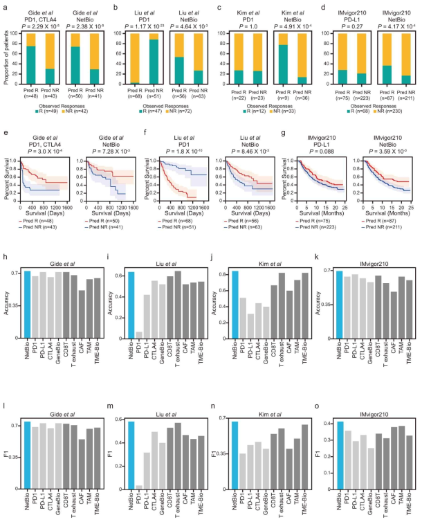 단백질 상호작용 네트워크 기반 기계 학습 모델의 환자 약물 반응성 예측력의 검증. a-o. 네트워크 기반 기계학습 모델과 기존 바이오마커의 환자 약물 반응성 예측력을 실제값과 예측값의 비교를 통해 검증. Gide et al. (a, e, h, l), Liu et al. (b, f, i, m ), Kim et al. (c, j, n), IMvigor210 (d, g, k, o)의 dataset을 활용하여 검증